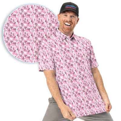Pink Camouflage Pattern Golf Shirt, Pink Camo Golf Shirt For Men, Stylish Golf Gift
