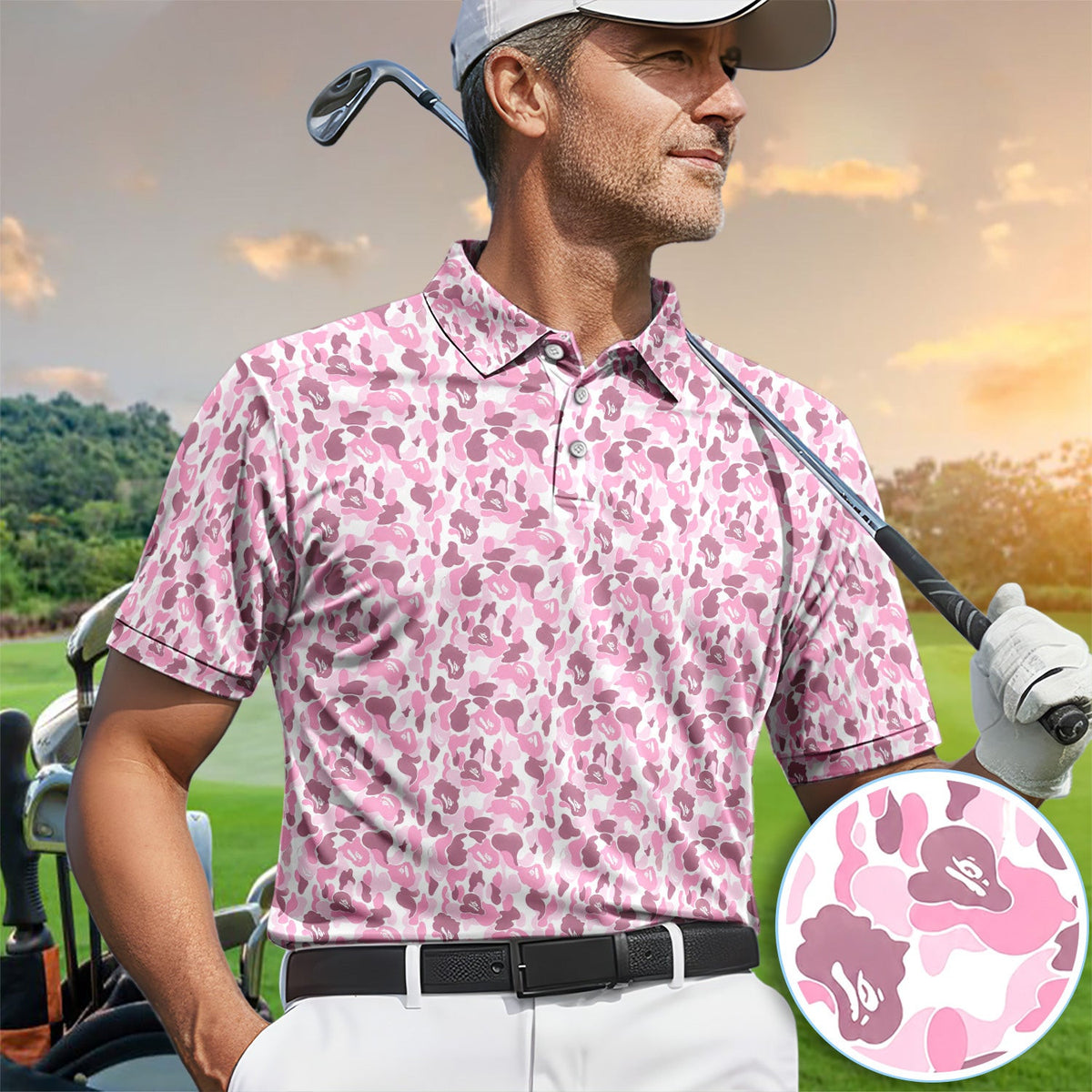 Pink Camouflage Pattern Golf Shirt, Pink Camo Golf Shirt For Men, Stylish Golf Gift