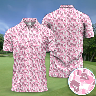 Pink Camouflage Pattern Golf Shirt, Pink Camo Golf Shirt For Men, Stylish Golf Gift