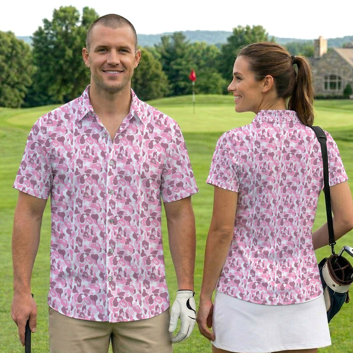 Pink Camouflage Pattern Golf Shirt, Pink Camo Golf Shirt For Men, Stylish Golf Gift