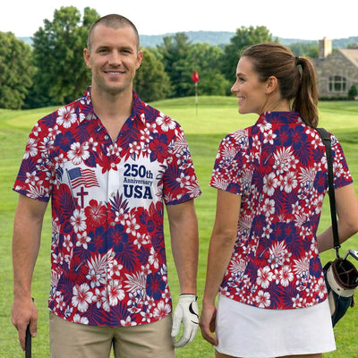 Patriotic USA Hawaiian Golf Pattern Shirt, 250th Anniversary America Golf Shirt For Men, 4th Of July Gift