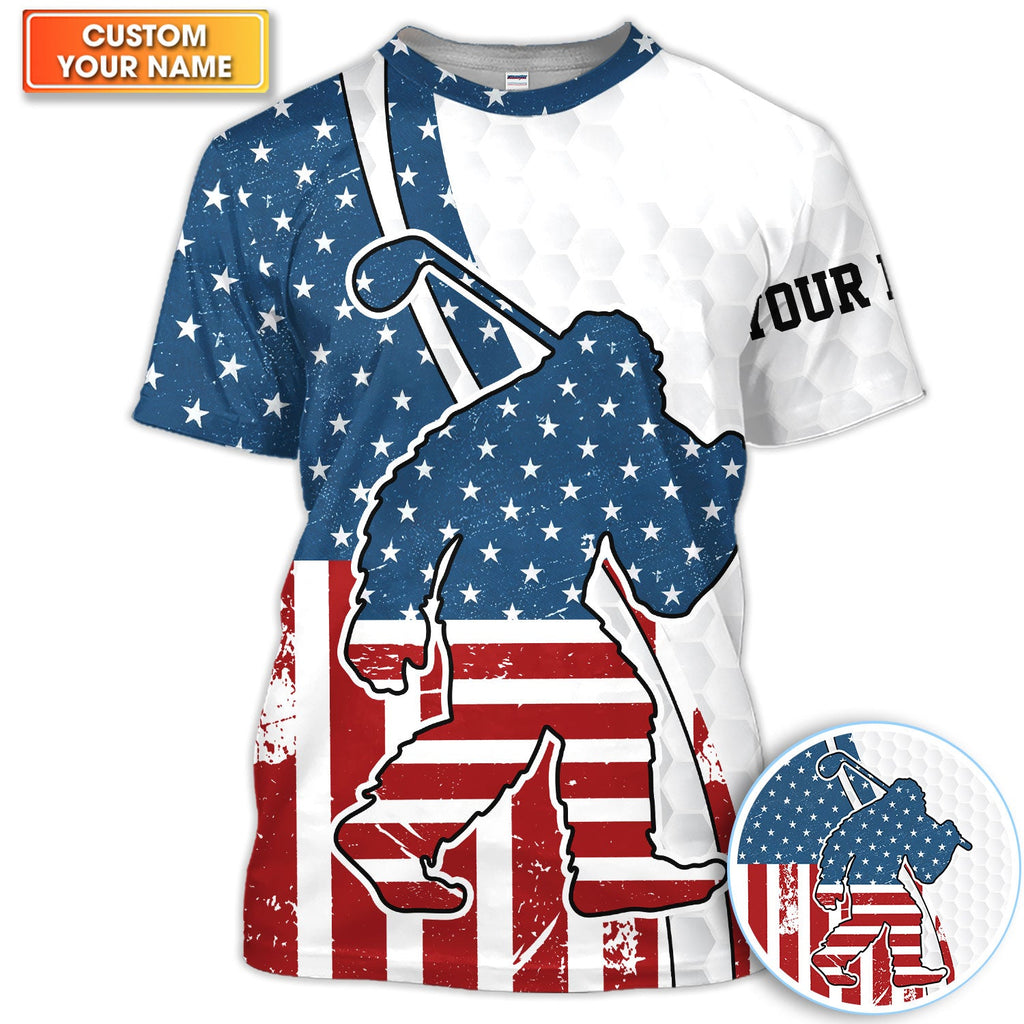 Personalized Patriotic Golfer USA Flag Pattern Shirt, Custom Name American Flag Golf Polo Shirt For Men, USA Golf Gift