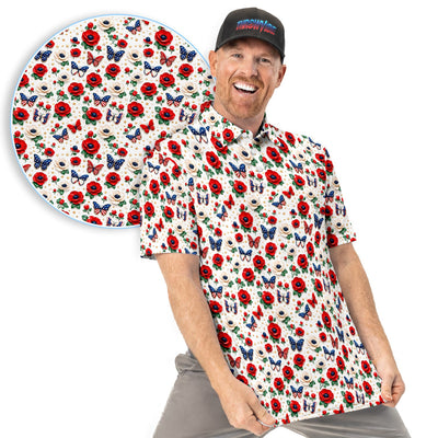 Patriotic Floral Butterfly Polo Shirt For Men, Red White Blue Flower All Over Print, USA Flag Inspired Summer Golf Shirt