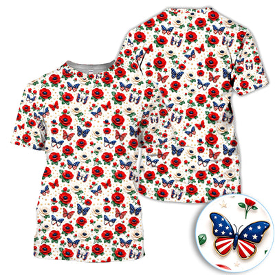 Patriotic Floral Butterfly Polo Shirt For Men, Red White Blue Flower All Over Print, USA Flag Inspired Summer Golf Shirt