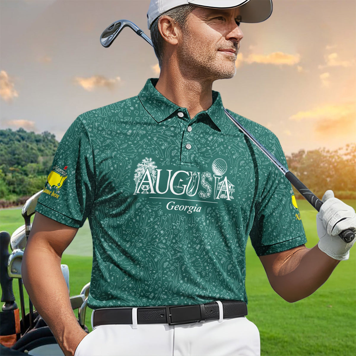 Personalized Augusta Georgia Script Golf Pattern Shirt, Custom Name Masters Golf Polo Shirt For Men, Golf Tournament Gift
