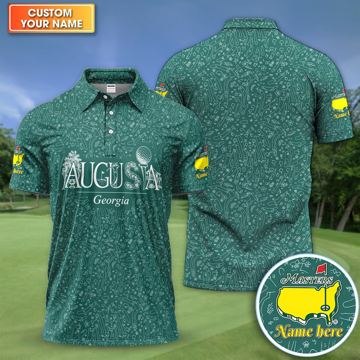Personalized Augusta Georgia Script Golf Pattern Shirt, Custom Name Masters Golf Polo Shirt For Men, Golf Tournament Gift