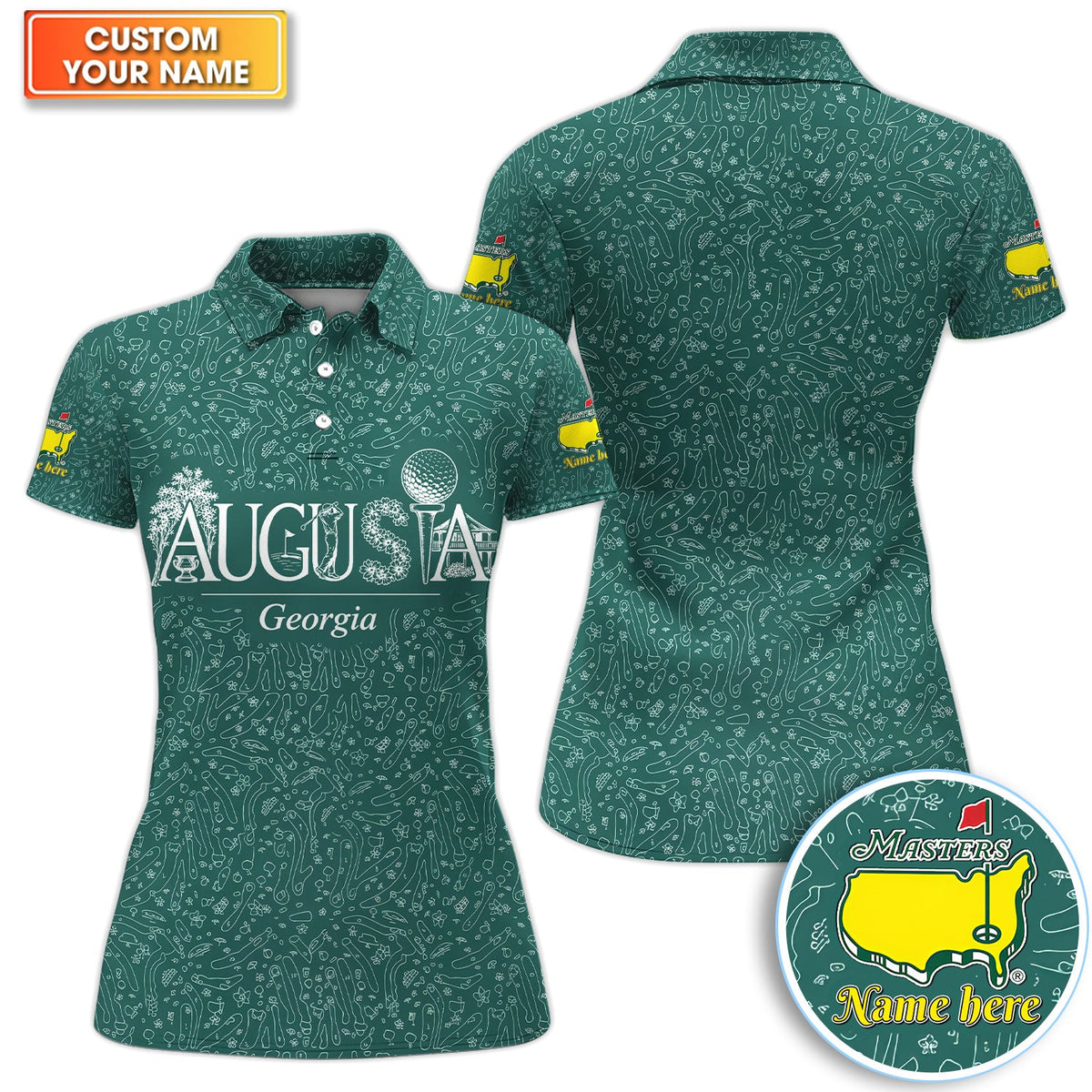 Personalized Augusta Georgia Script Golf Pattern Shirt, Custom Name Masters Golf Polo Shirt For Men, Golf Tournament Gift
