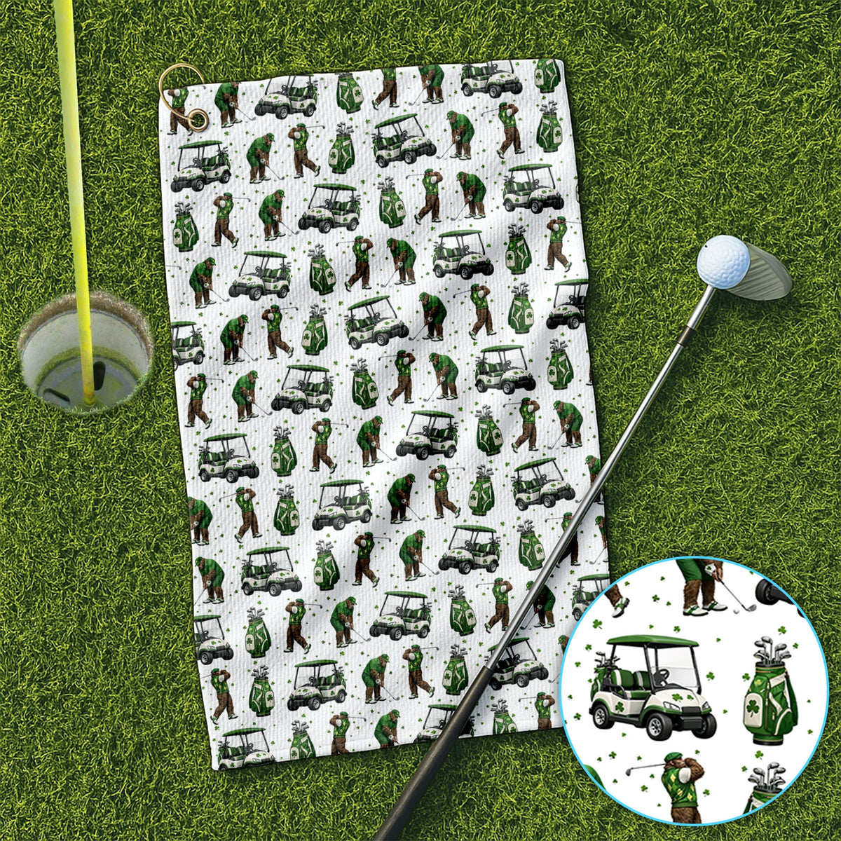 Bigfoot Golf St. Patrick’s Day Pattern Golf Towel, Sasquatch Golf Towels For Golfer, Crazy Men's Golf Gift
