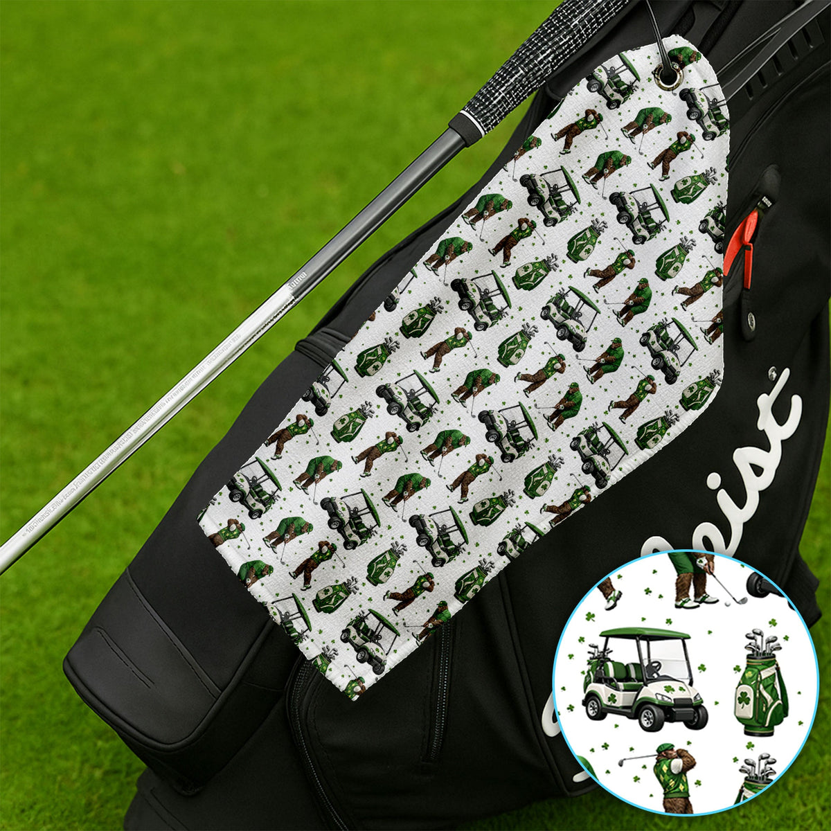 Bigfoot Golf St. Patrick’s Day Pattern Golf Towel, Sasquatch Golf Towels For Golfer, Crazy Men's Golf Gift