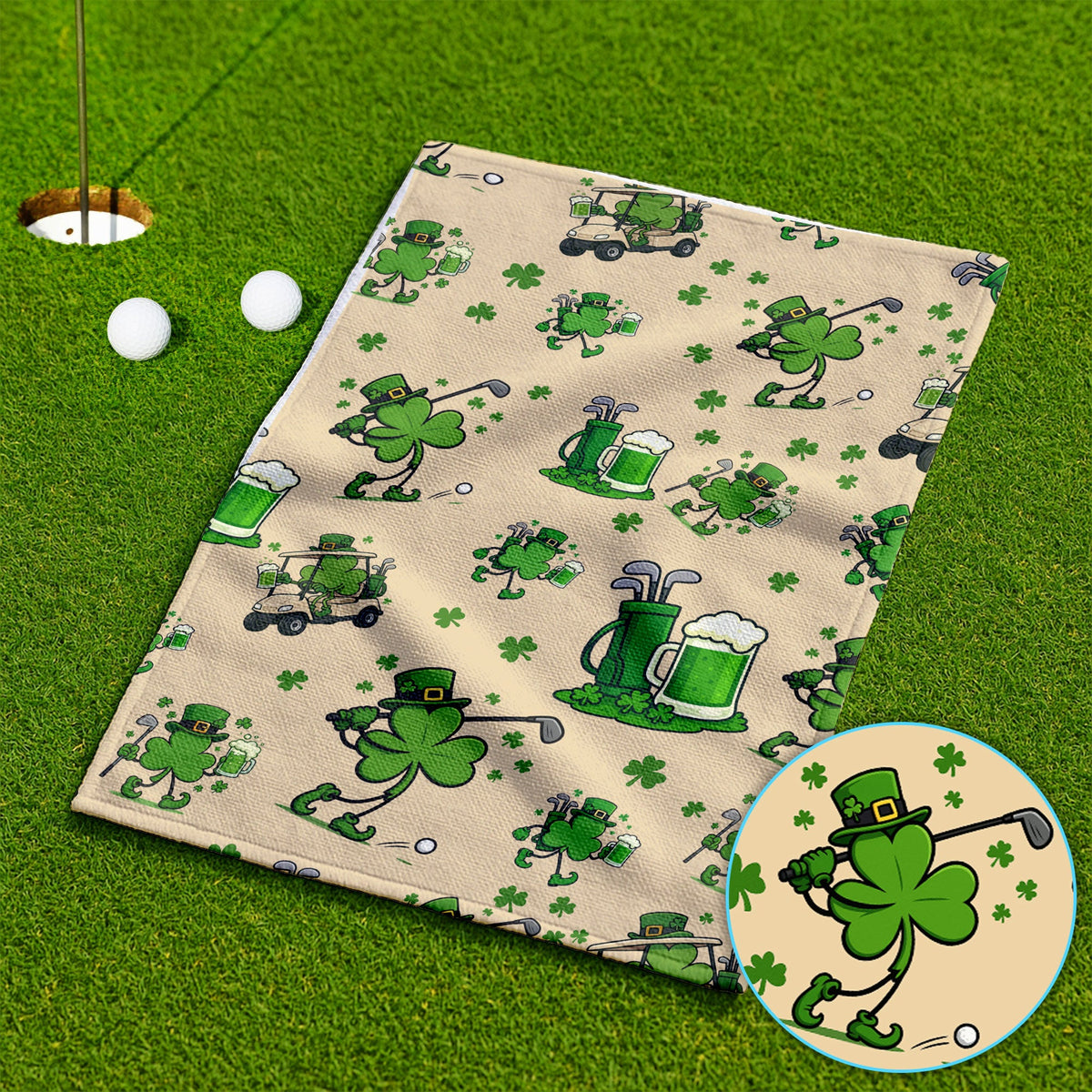 St. Patrick’s Day Pattern Golf Towel, Funny Irish Golf Cart Towels, Lucky Shamrock Golf TowelFor Men