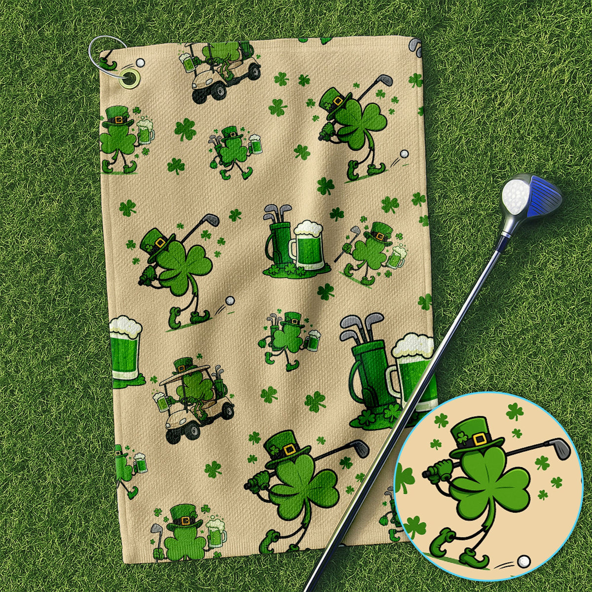 St. Patrick’s Day Pattern Golf Towel, Funny Irish Golf Cart Towels, Lucky Shamrock Golf TowelFor Men