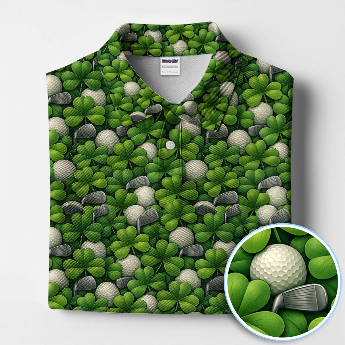 Shamrock Clover With Golf Ball Pattern Golf Shirt, St.Patrick’s Day Golf Polos, Golf Gift For Golfer