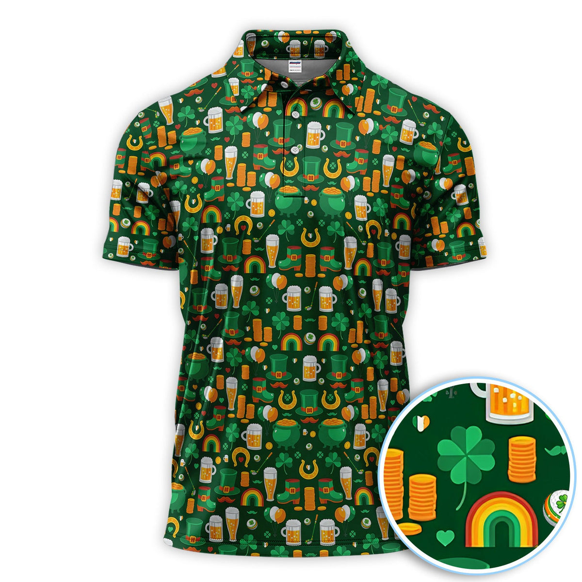 Funny St. Patrick’s Day Pattern Golf Polos, Irish Shamrock And Beer Golf Shirt For Men, Crazy Golf Gift For Golfer