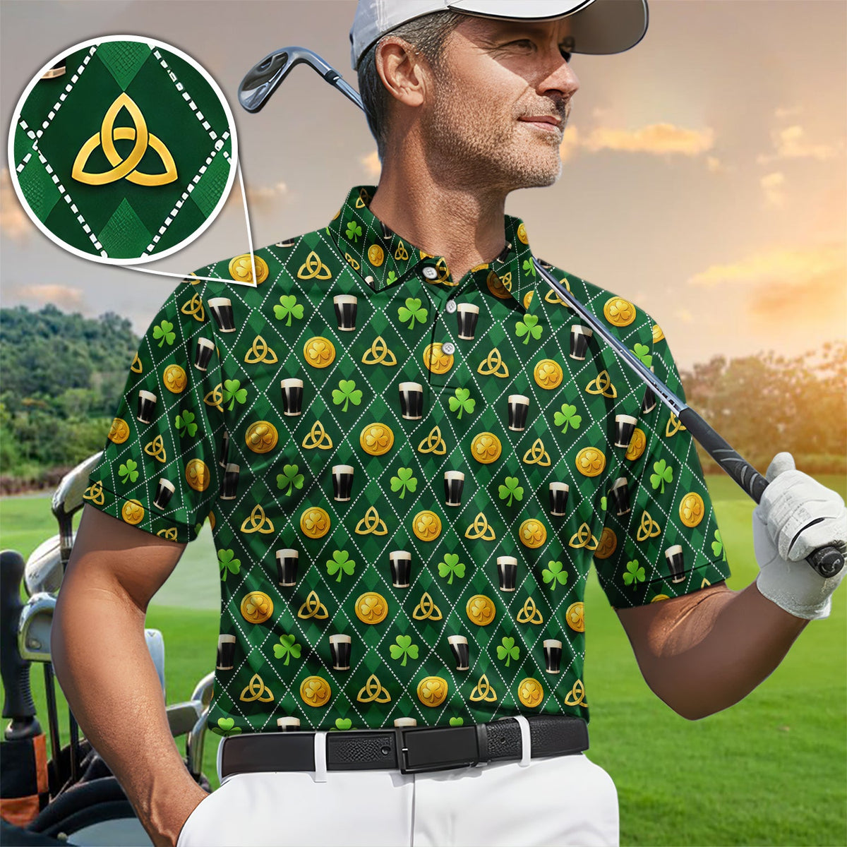 St Patrick’s Day Green Argyle Pattern Golf Shirt, Irish Celtic Beer And Shamrock Golf Polos For Golfer