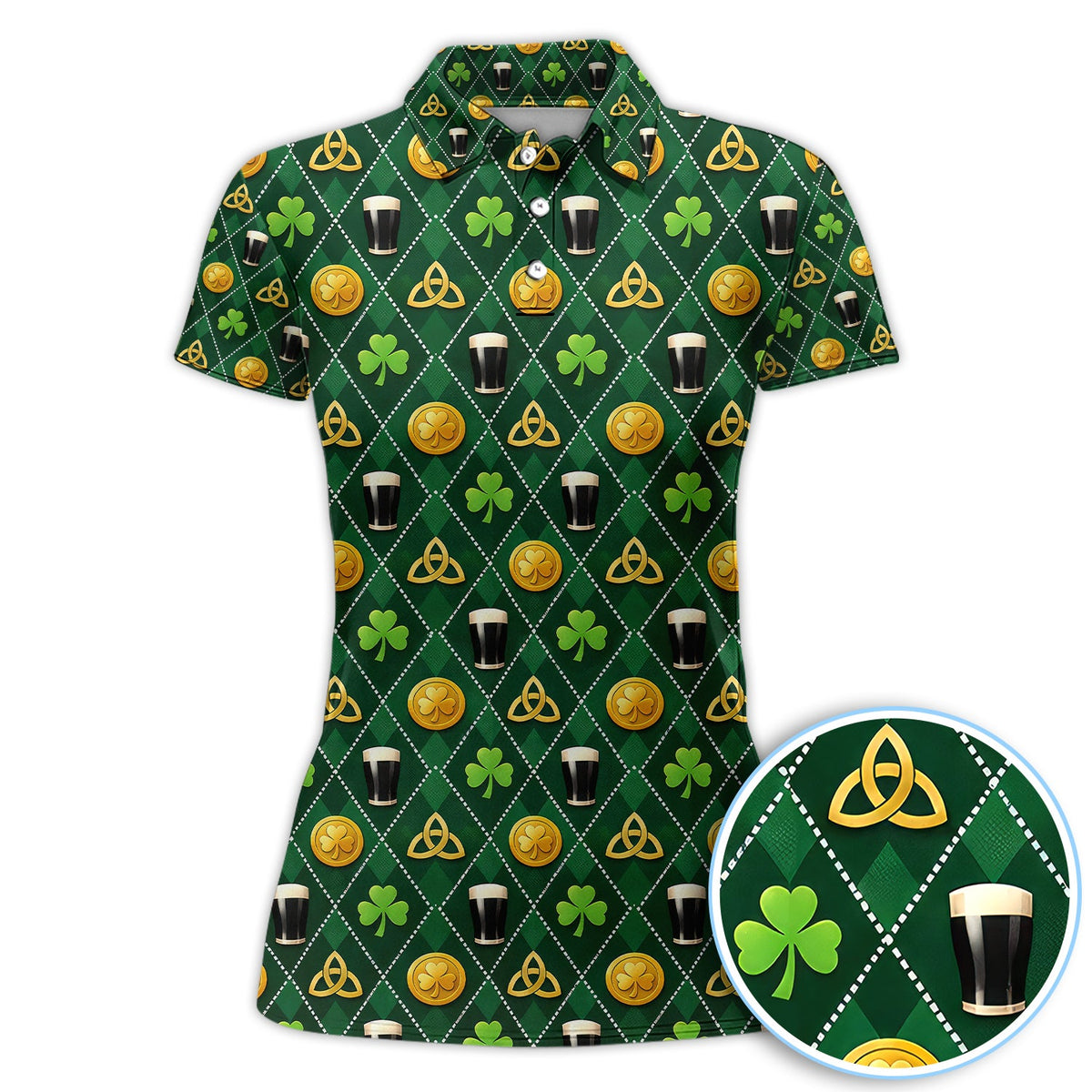 St Patrick’s Day Green Argyle Pattern Golf Shirt, Irish Celtic Beer And Shamrock Golf Polos For Golfer