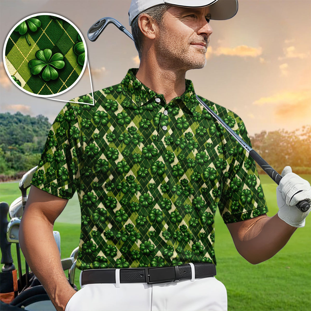 Green Clover Pattern Golf Shirt, St Patrick’s Day Shamrock Argyle Golf Polos For Golfer
