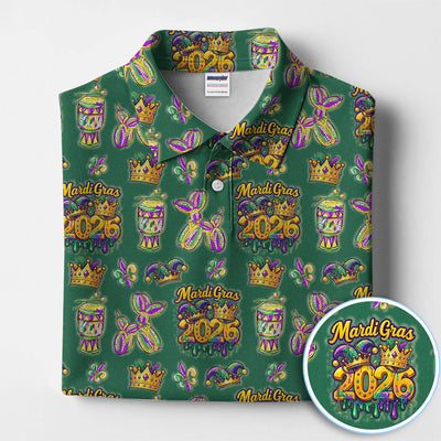 Mardi Gras 2026 Golf Polos For Golfer, Festive Crown Mask Pattern Golf Shirt, Golf Gift For Men