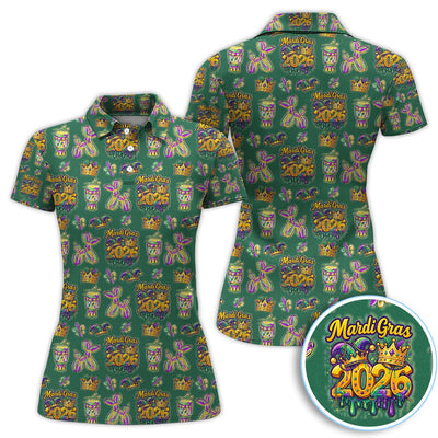 Mardi Gras 2026 Golf Polos For Golfer, Festive Crown Mask Pattern Golf Shirt, Golf Gift For Men