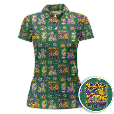 Mardi Gras 2026 Golf Polos For Golfer, Festive Crown Mask Pattern Golf Shirt, Golf Gift For Men
