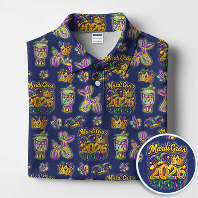 Mardi Gras 2026 Golf Polos For Golfer, Festive Crown Mask Pattern Golf Shirt, Golf Gift For Men
