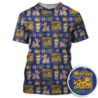 Mardi Gras 2026 Golf Polos For Golfer, Festive Crown Mask Pattern Golf Shirt, Golf Gift For Men
