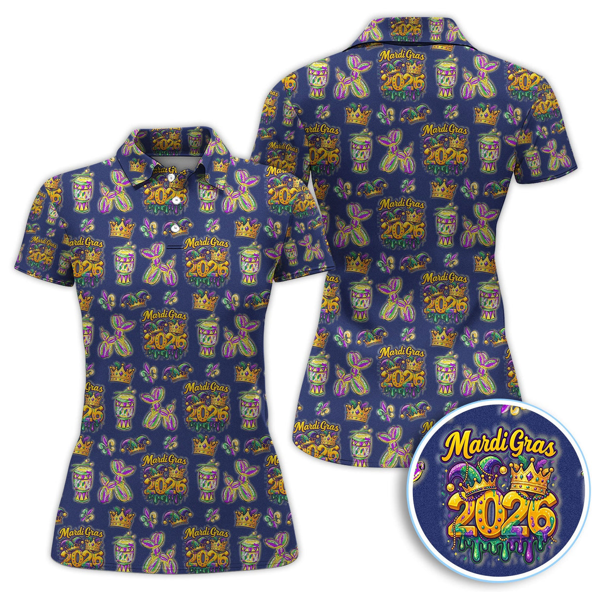 Mardi Gras 2026 Golf Polos For Golfer, Festive Crown Mask Pattern Golf Shirt, Golf Gift For Men