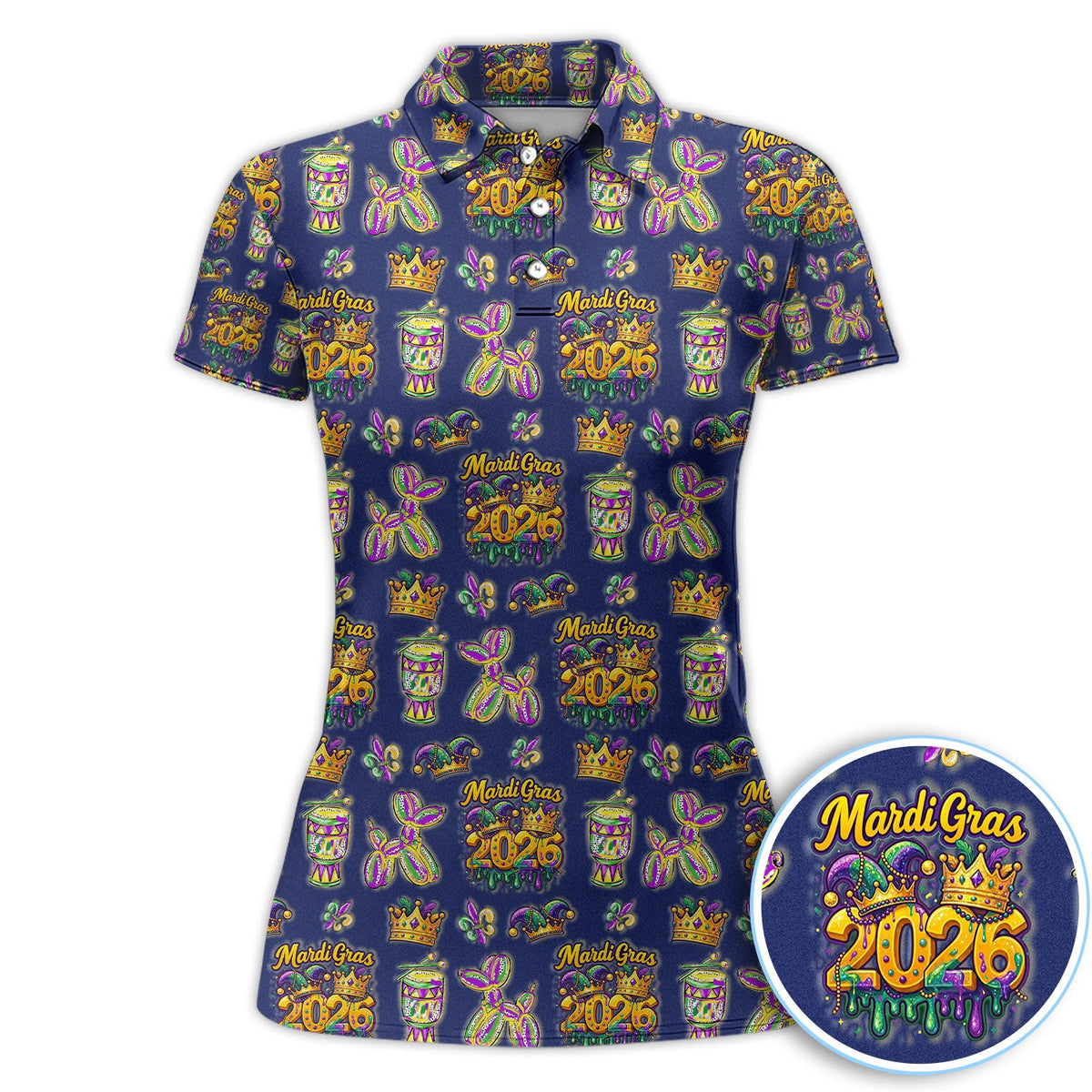 Mardi Gras 2026 Golf Polos For Golfer, Festive Crown Mask Pattern Golf Shirt, Golf Gift For Men
