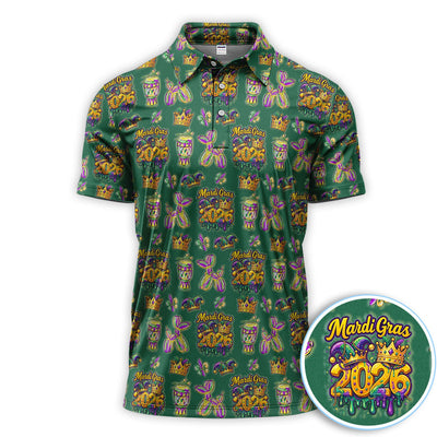 Mardi Gras 2026 Golf Polos For Golfer, Festive Crown Mask Pattern Golf Shirt, Golf Gift For Men