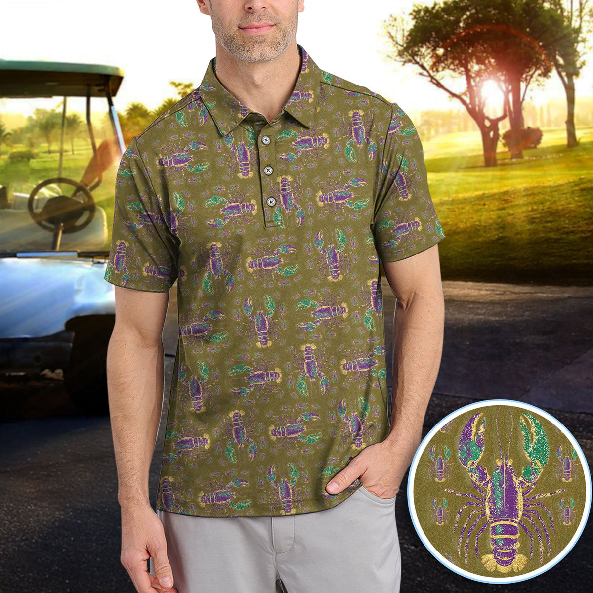 Louisiana Crawfish Pattern Golf Shirt, Mardi Gras Golf Polos For Golfer