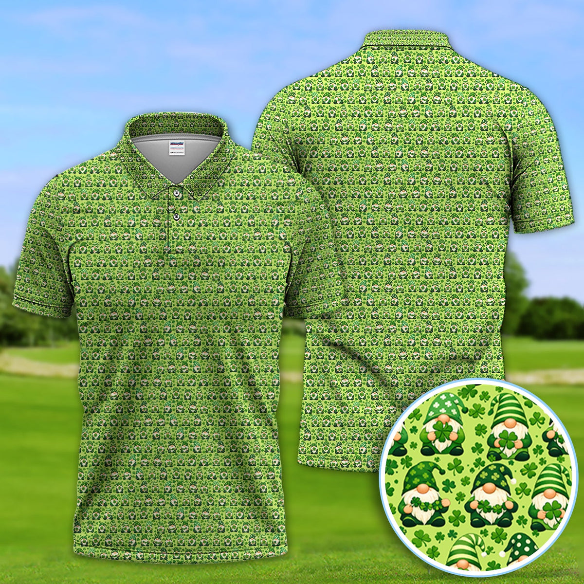 St Patrick’s Day Gnome Pattern Golf Shirt, Green Shamrock Golf Polos For Golfer