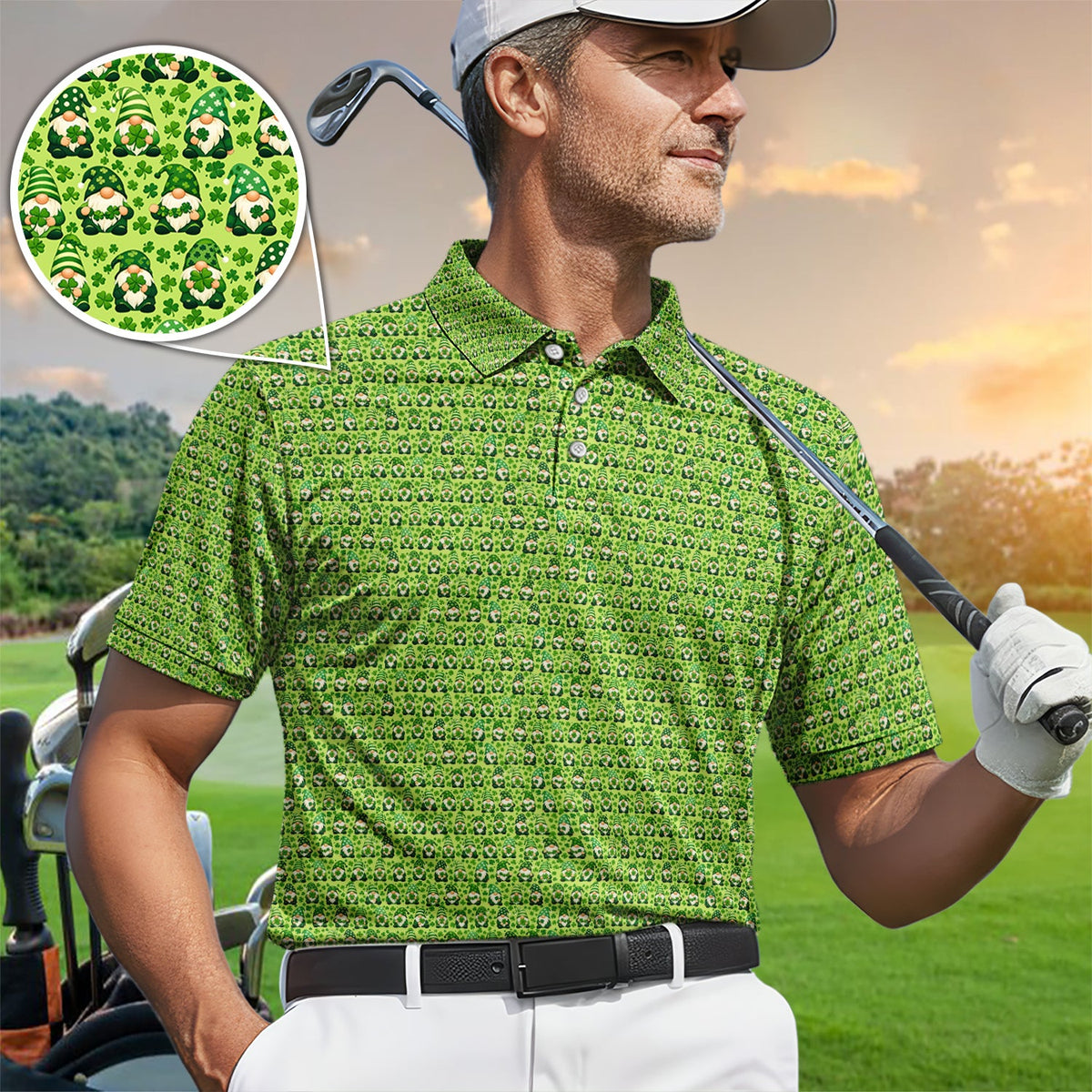 St Patrick’s Day Gnome Pattern Golf Shirt, Green Shamrock Golf Polos For Golfer