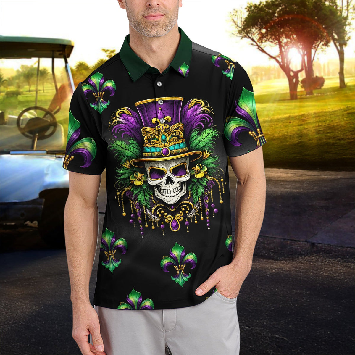 Mardi Gras Mask Skull Pattern Golf Shirt, Carnival Golf Polos For Men, Golf Gift For Golfer