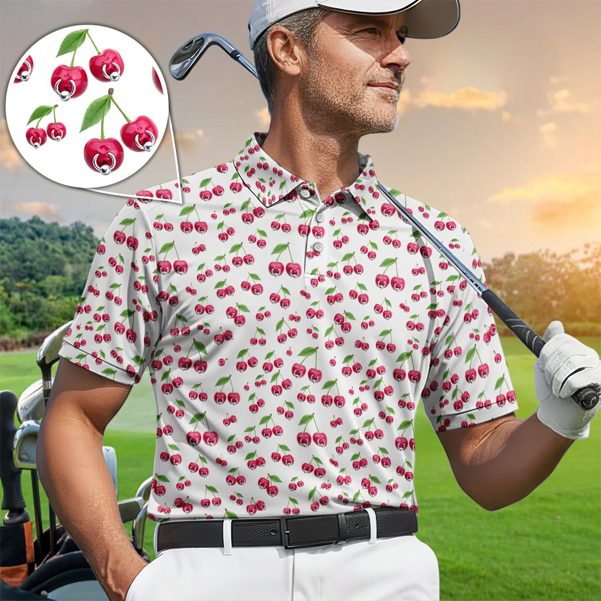 Cherry Pattern Golf Shirt, Crazy Golf Polos For Men, Funny Golf Gift For Hunter