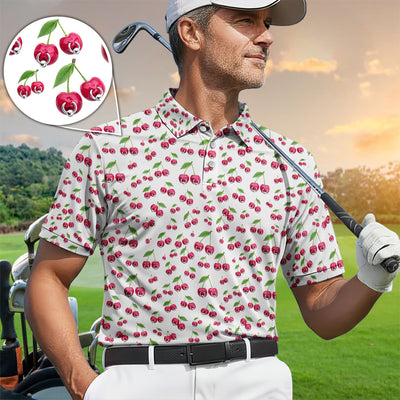 Cherry Pattern Golf Shirt, Crazy Golf Polos For Men, Funny Golf Gift For Hunter