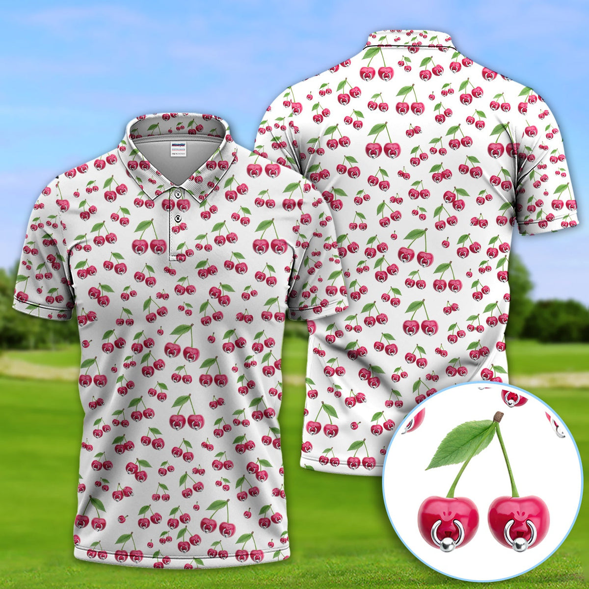 Cherry Pattern Golf Shirt, Crazy Golf Polos For Men, Funny Golf Gift For Hunter