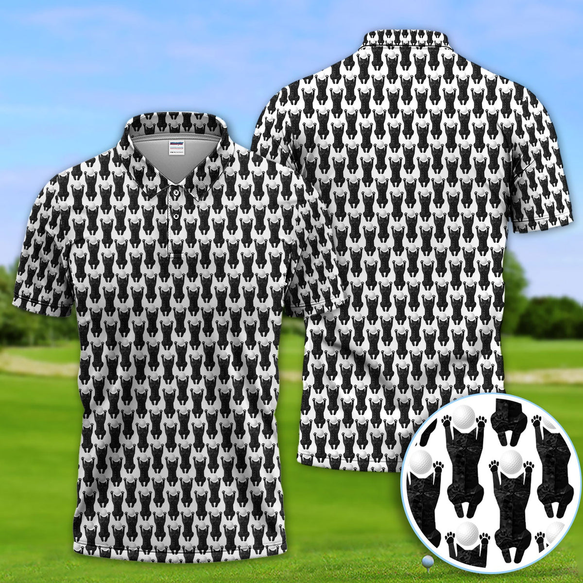 Funny Cat Golf Polos, Black Cat Pattern Golf Shirt For Golfer, Golf Gift For Men