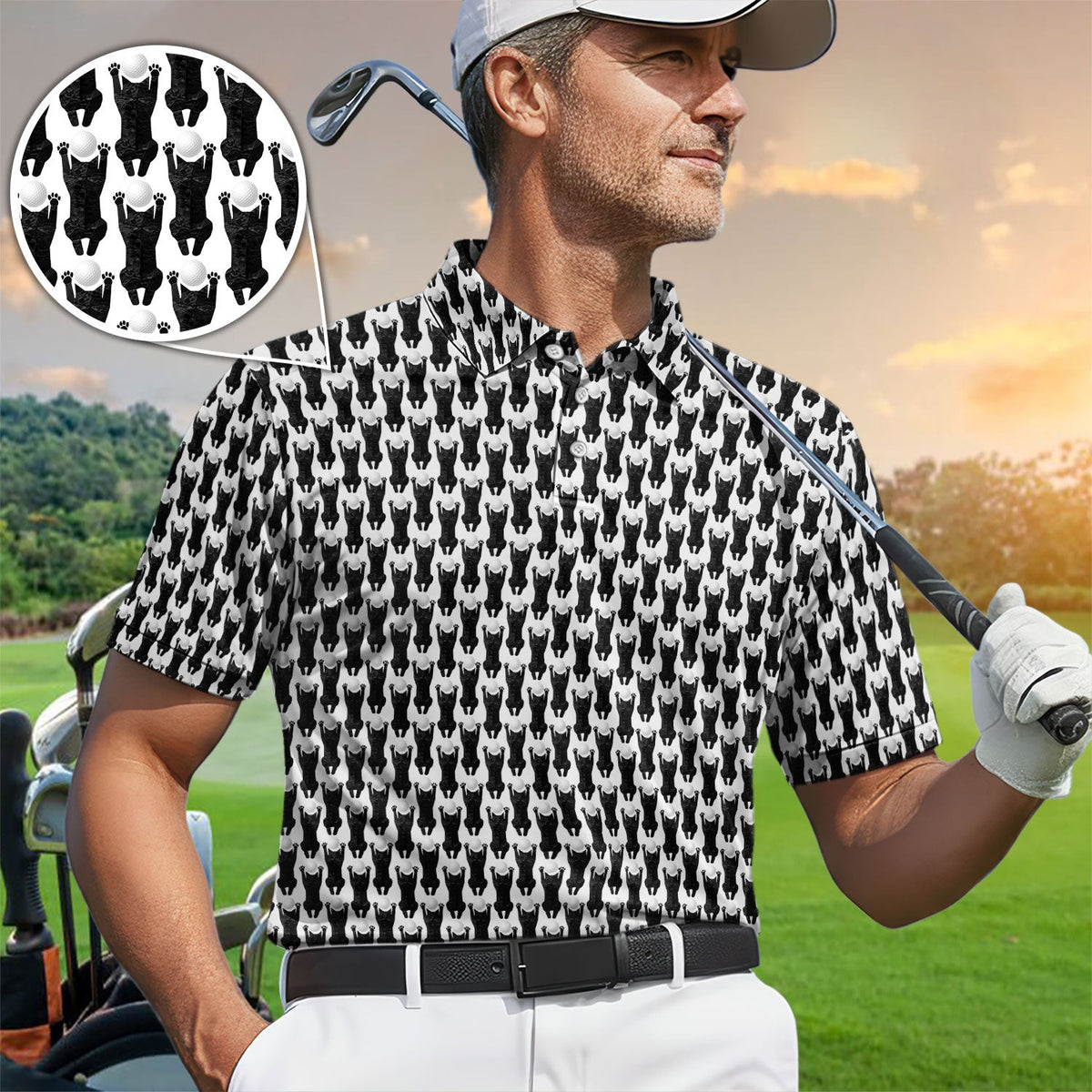 Funny Cat Golf Polos, Black Cat Pattern Golf Shirt For Golfer, Golf Gift For Men