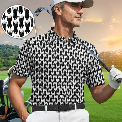 Funny Cat Golf Polos, Black Cat Pattern Golf Shirt For Golfer, Golf Gift For Men