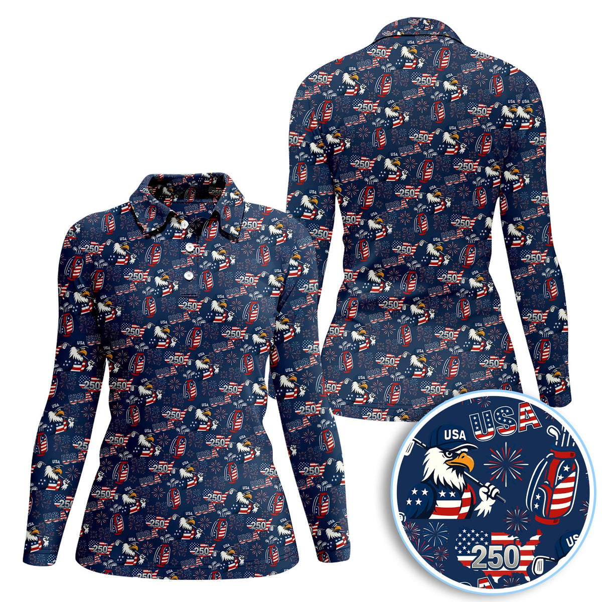 Patriotic Bald Eagle American Flag Shirt, 250 USA Birthday Pattern Golf Polos, Crazy Golf Shirt For Women