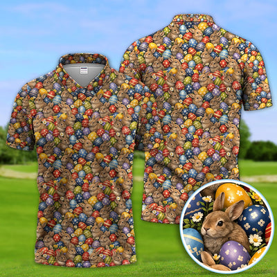 Cute Bunny Easter Golf Pattern Shirt, Funny Egg Easter Golf Polos, Golf Gift For Golfer