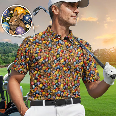 Cute Bunny Easter Golf Pattern Shirt, Funny Egg Easter Golf Polos, Golf Gift For Golfer