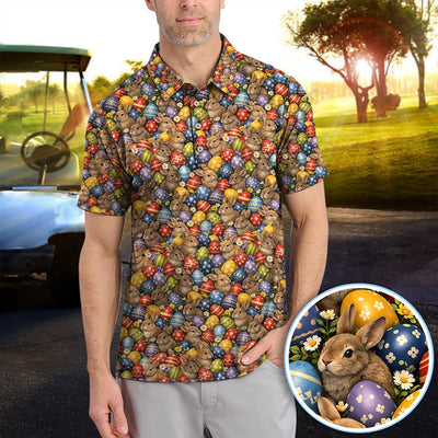 Cute Bunny Easter Golf Pattern Shirt, Funny Egg Easter Golf Polos, Golf Gift For Golfer