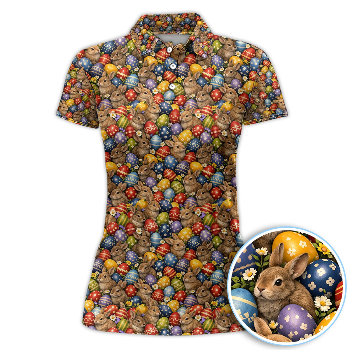 Cute Bunny Easter Golf Pattern Shirt, Funny Egg Easter Golf Polos, Golf Gift For Golfer