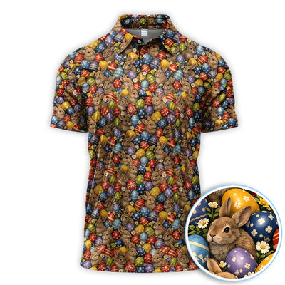 Cute Bunny Easter Golf Pattern Shirt, Funny Egg Easter Golf Polos, Golf Gift For Golfer