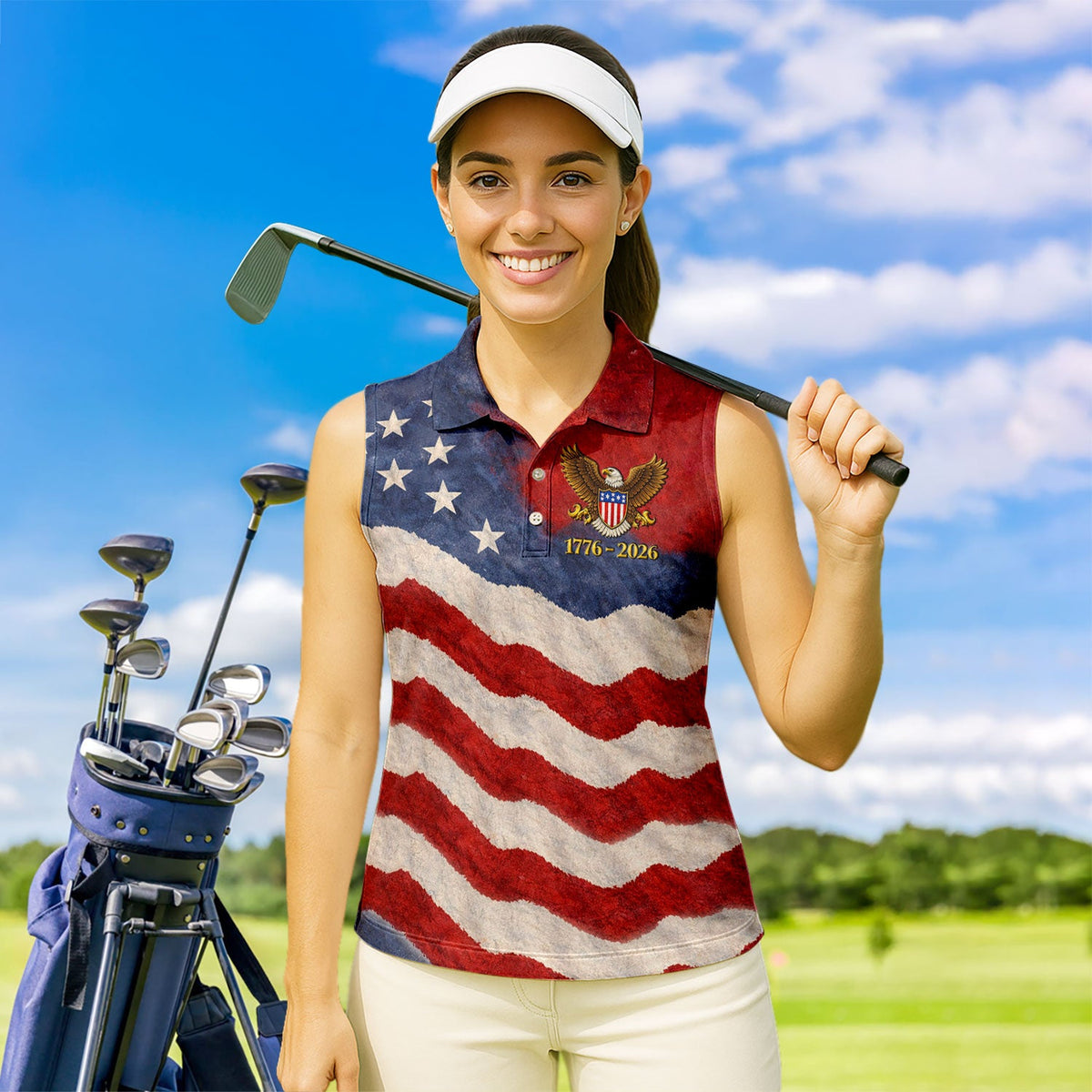 Patriotic American Flag Pattern Golf Shirt, USA 250th Anniversary Golf Polos, Golf Gift For Women