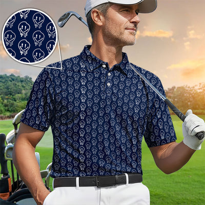 Dripping Skull Smiley Pattern Golf Shirt, Funny Golf Shirt For Men, Golf Gift For Golfer