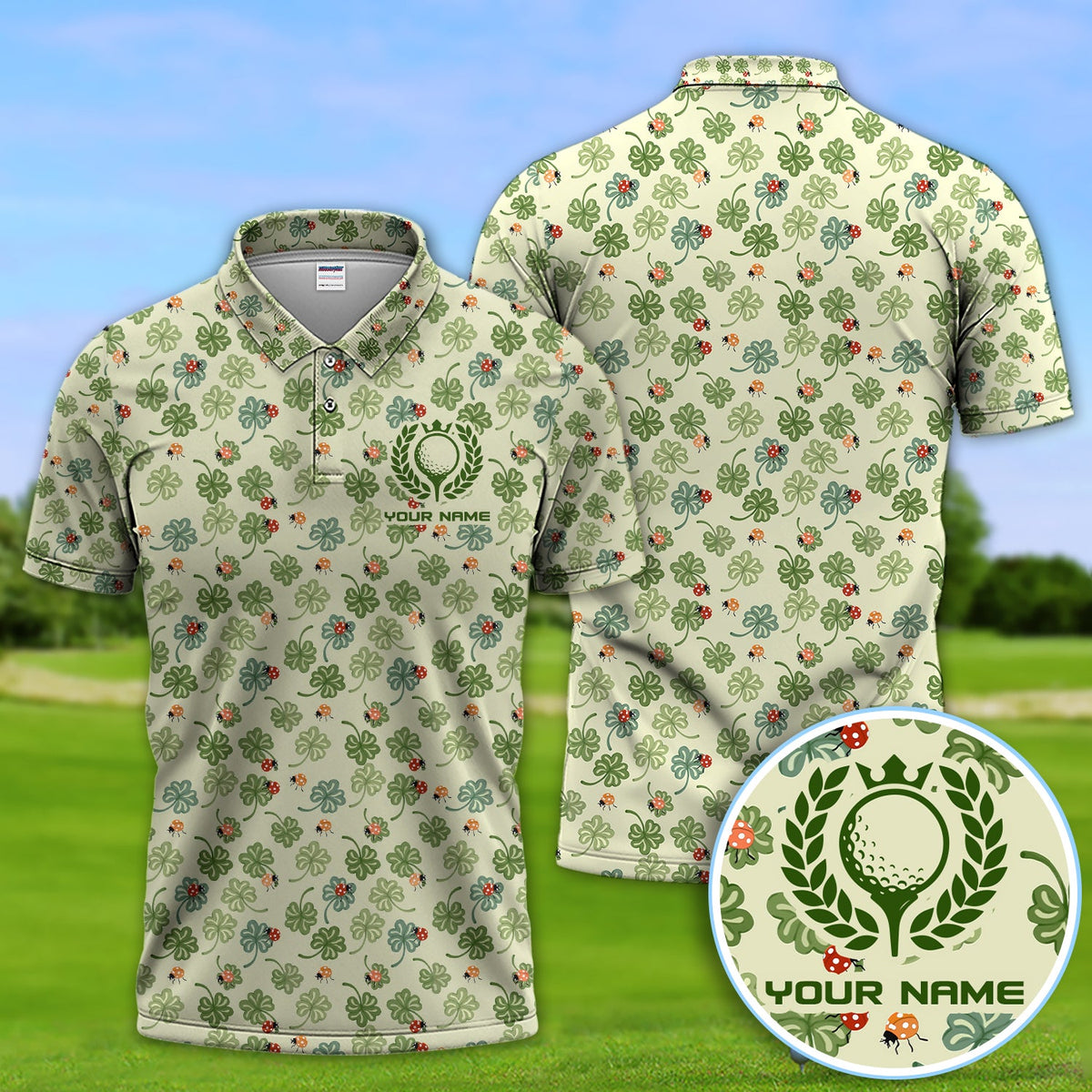 Personalized Shamrock Golf Pattern Men Polo Shirt, Lucky Clover Golf Pattern Shirt, Gift For Golfer