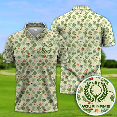 Personalized Shamrock Golf Pattern Men Polo Shirt, Lucky Clover Golf Pattern Shirt, Gift For Golfer