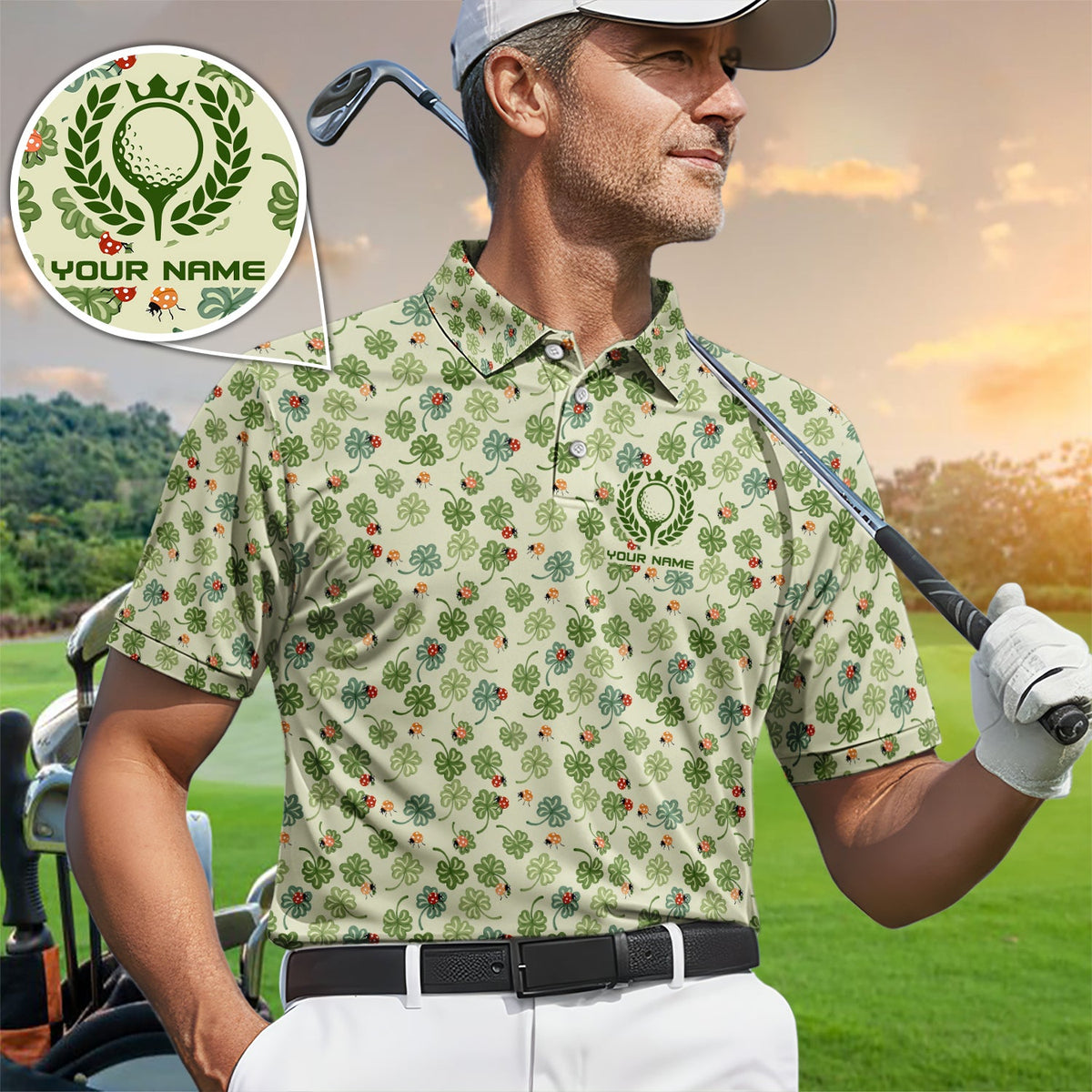 Personalized Shamrock Golf Pattern Men Polo Shirt, Lucky Clover Golf Pattern Shirt, Gift For Golfer