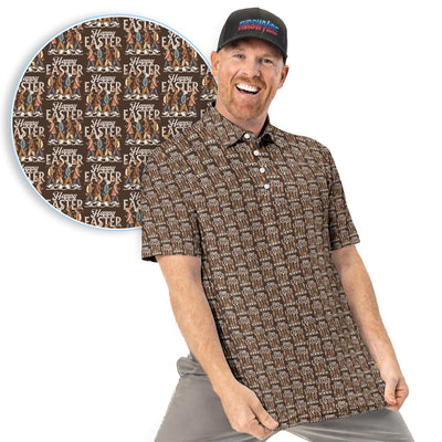 Happy Easter Retro Bunny Walk Pattern Men Polo Shirt, Vintage Easter Rabbit Pattern Shirt, Easter Gift